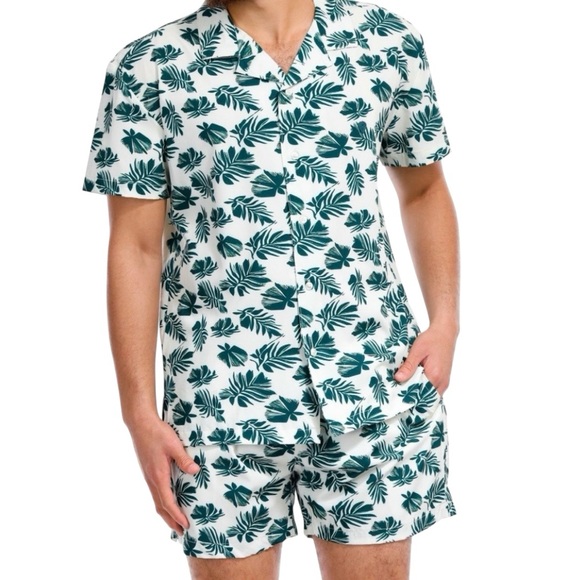 Sunset x Vine Men's Leaf-Print Swim Trunks & Button Down Shirt Cabana Set NWT